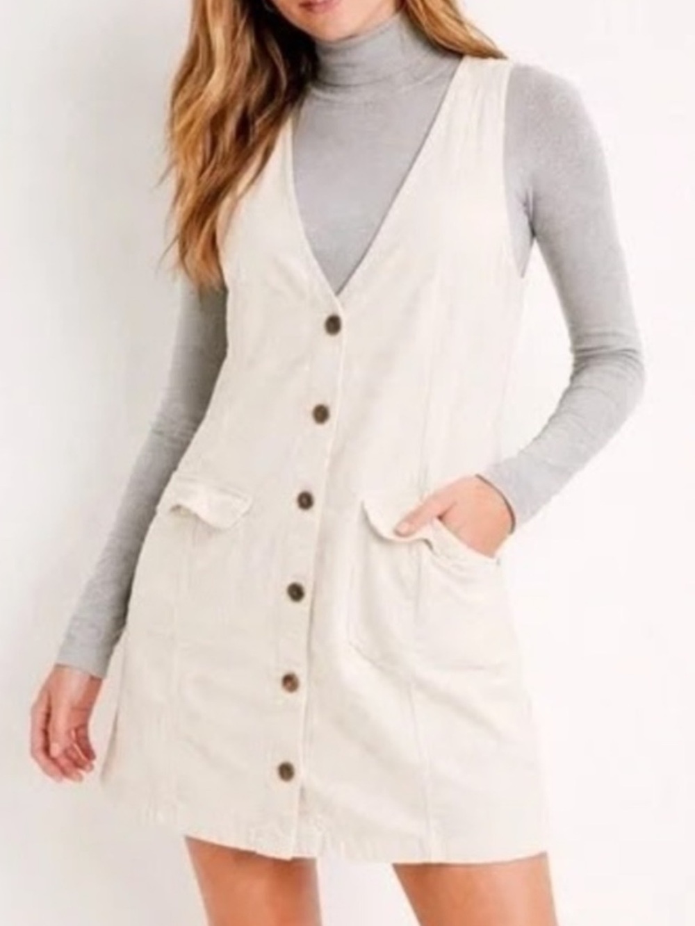 American Eagle Cream Corduroy Pinafore Dress Sz L Casual Cottagecore